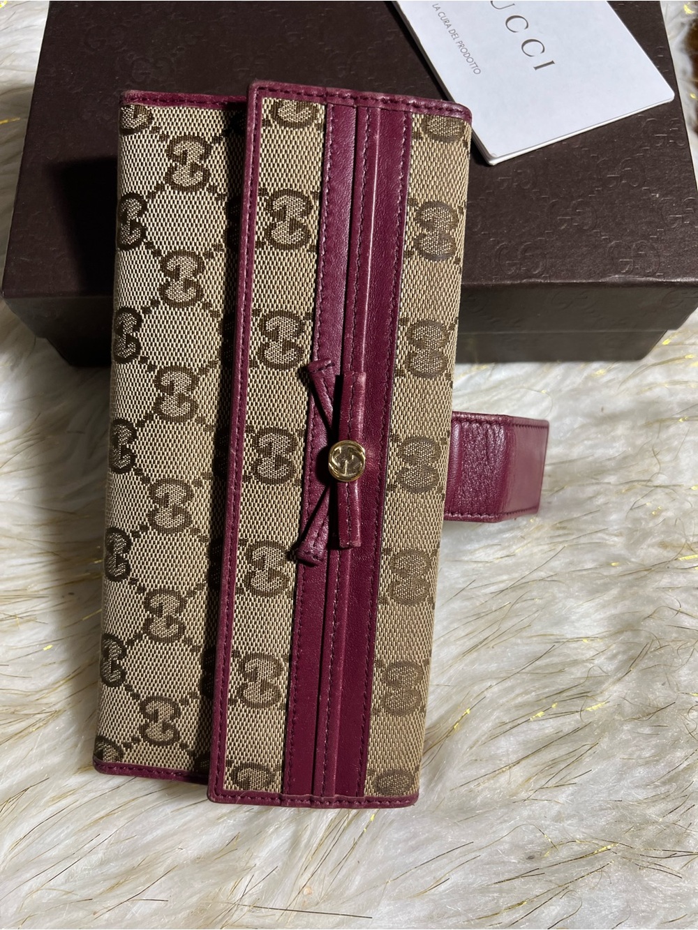Gucci Berry Leather & GG Canvas Trifold Wallet w/ Box